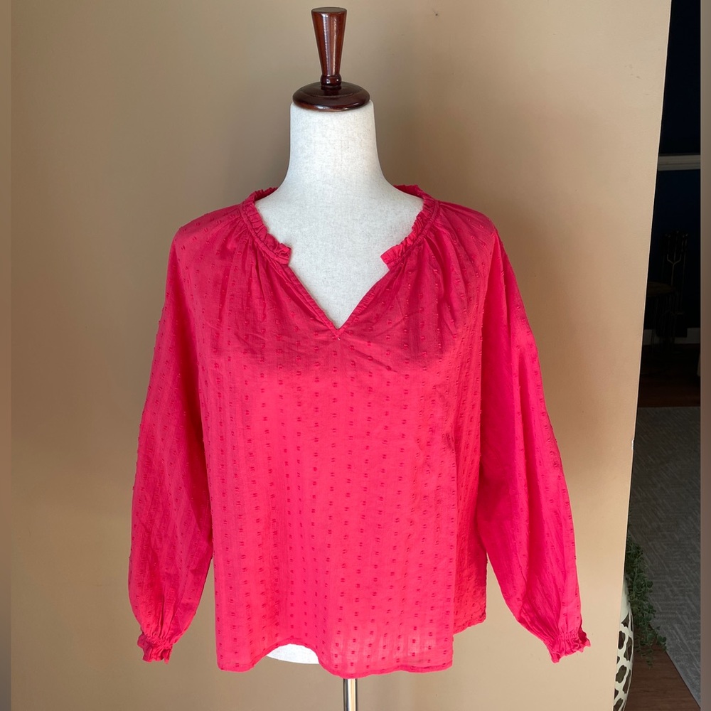 J Crew Womens Ruffle V Neck Blouse‎ Top Size Large Pink Swiss Dot Peasant Sleeve